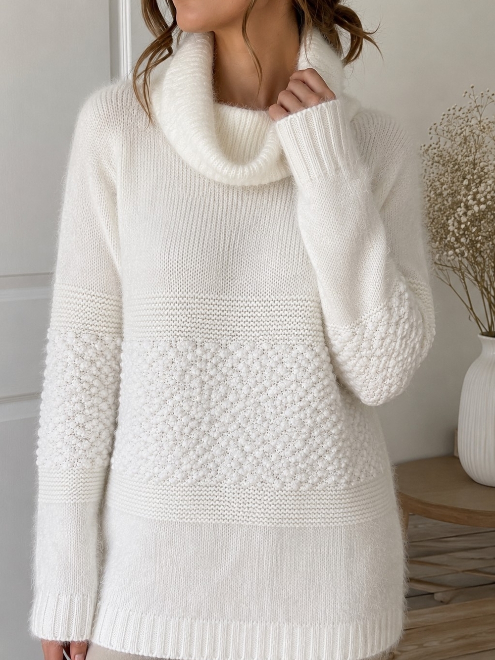 VENUS Ivory White Fuzzy Cowl Neck Textured Knit Sweater XL/L